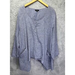 Cynthia Rowley Woman 3X Blue Top Linen Blend Lagenlook Pockets Shark Bite Boho